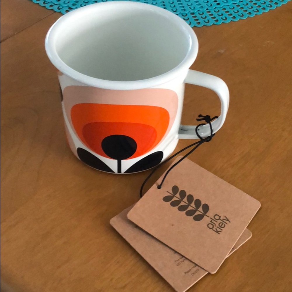 Orla kiely 70’s Flower Enamel Mug Orange White blk